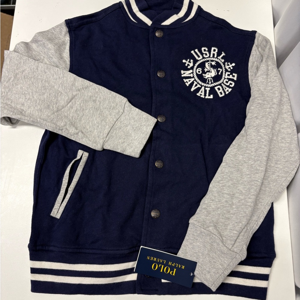 Polo by Ralph Lauren Kids Navy and Light Gray Varsity Jacket Sz 8 NEW W TAG